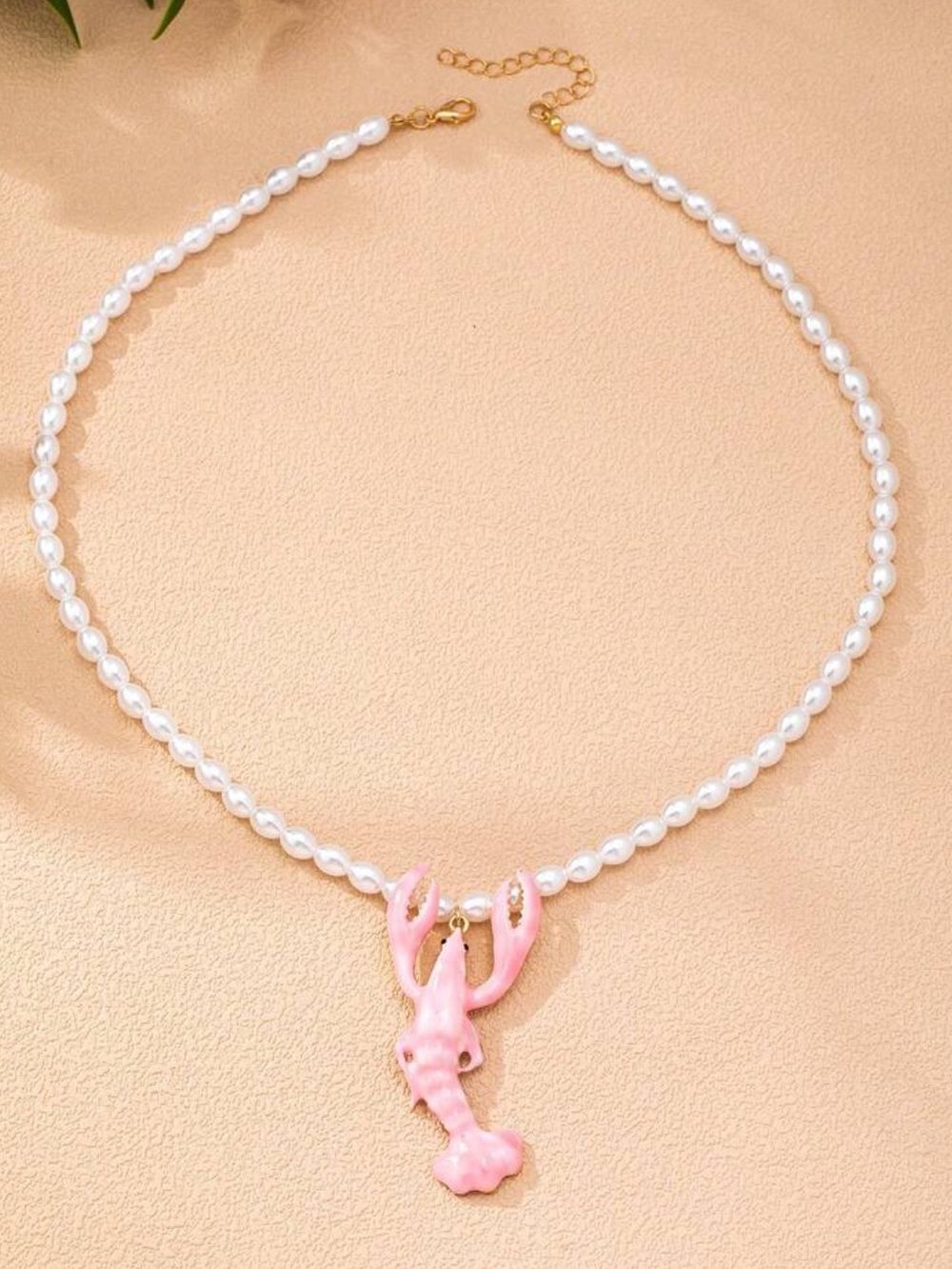 Pearl Necklace with Pink Coral Lobster Pendant R728